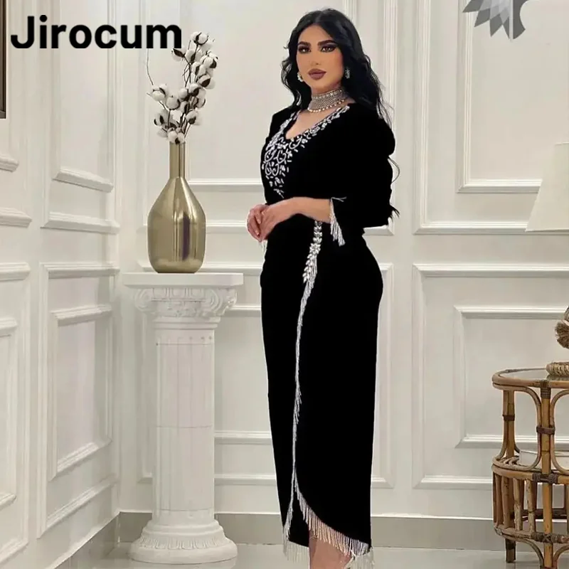 Jirocum-vestido de fiesta de sirena para mujer, traje de noche de manga larga con cuello en V, borlas y cuentas, hasta el tobillo, Formal, para ocasiones, 2024