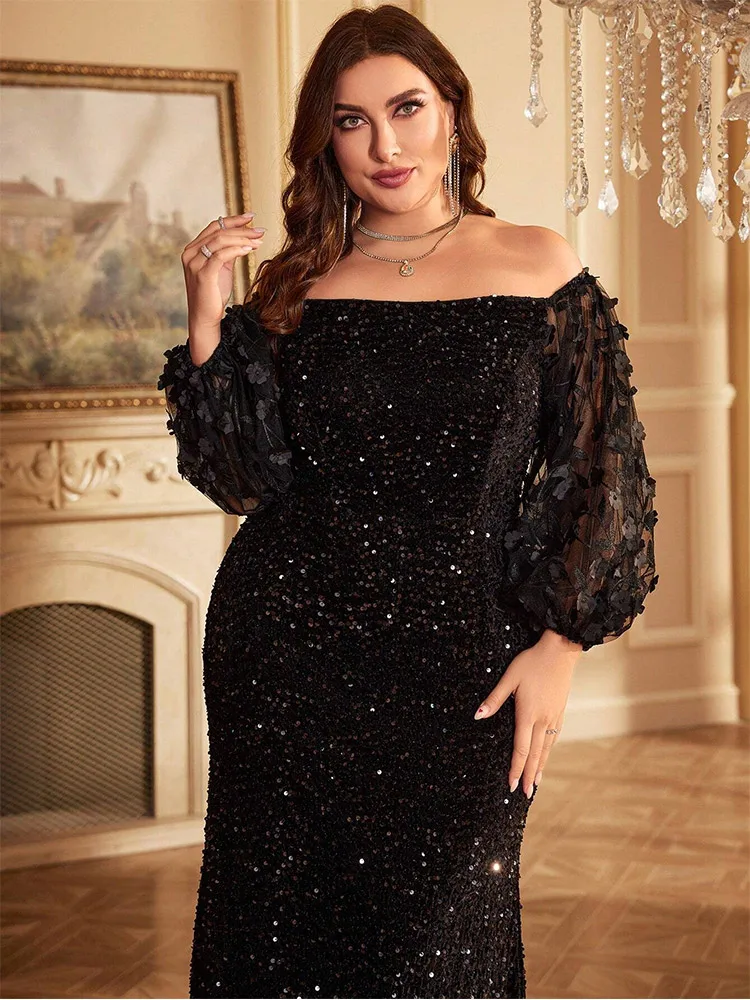 S-7xl Off-Shoulder Three-Dimensional Flower Puff Sleeves Long Velvet Evening Dress Plus Size Wedding Bridesmaid Evening Dress