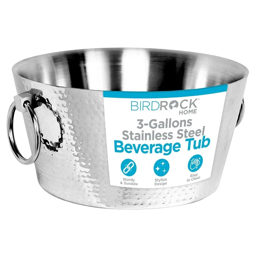 

Hammered Stainless Steel Round Beverage Tub with Handles - Double Wall Insulated 3 Gallons - Metal Drink Cooler and Ice Bucket