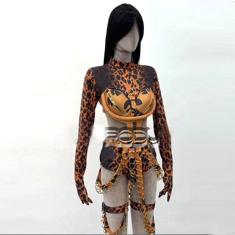 Strój Showgirl na Imprezę Kostiumową, Seksowny Cosplay, Strój Tancerki Gogo, Damski Strój Leopard na Rave, Strój do Baru, Klubu Nocnego, DJ, Jazz, Ubrania Sceniczne P