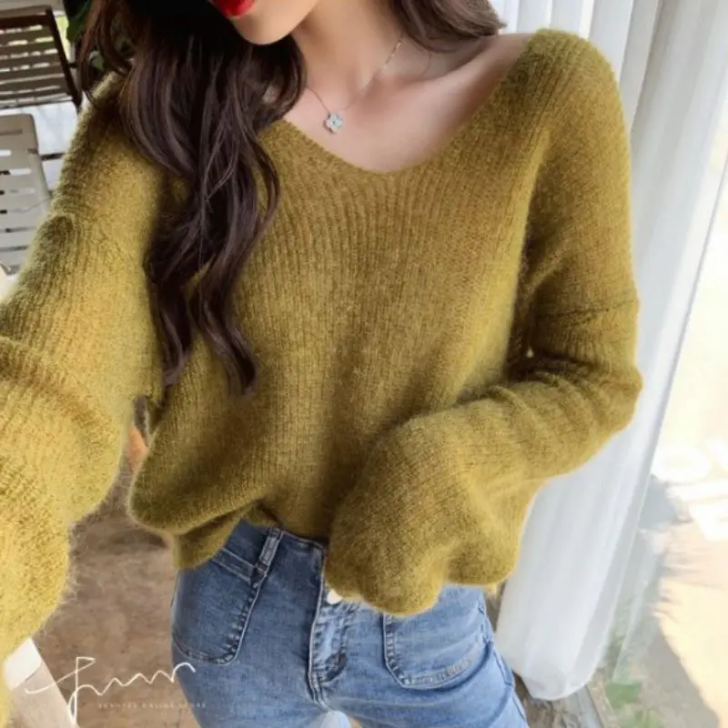 Women Spring Autumn Mohair Pullover Solid Color V Collar Sweet Loose Long-sleeved Knit Sweater