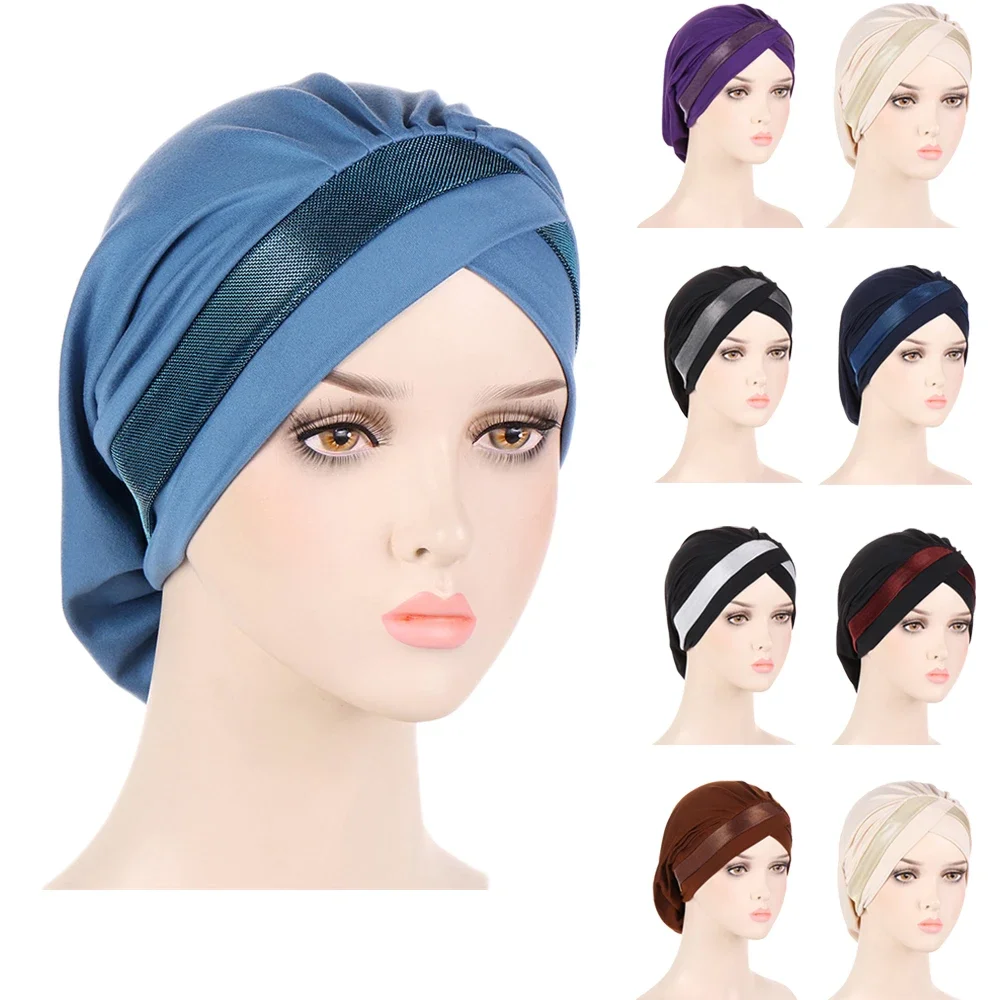 

Glitter Underscarf Muslim Turban Pleated Cross Hair Loss Cap Beanies Women Chemo Cap Inner Hijab Hat Bonnet Headwrap Scarf Cover