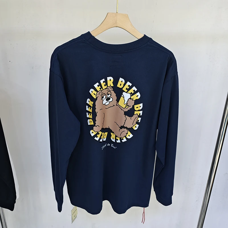 

White Yellow Gradient Logo Cartoon Bear Print Beams Long Sleeve Tshirts Cotton Unisex Cleanfit Weaving Red Rope Men Women Tops