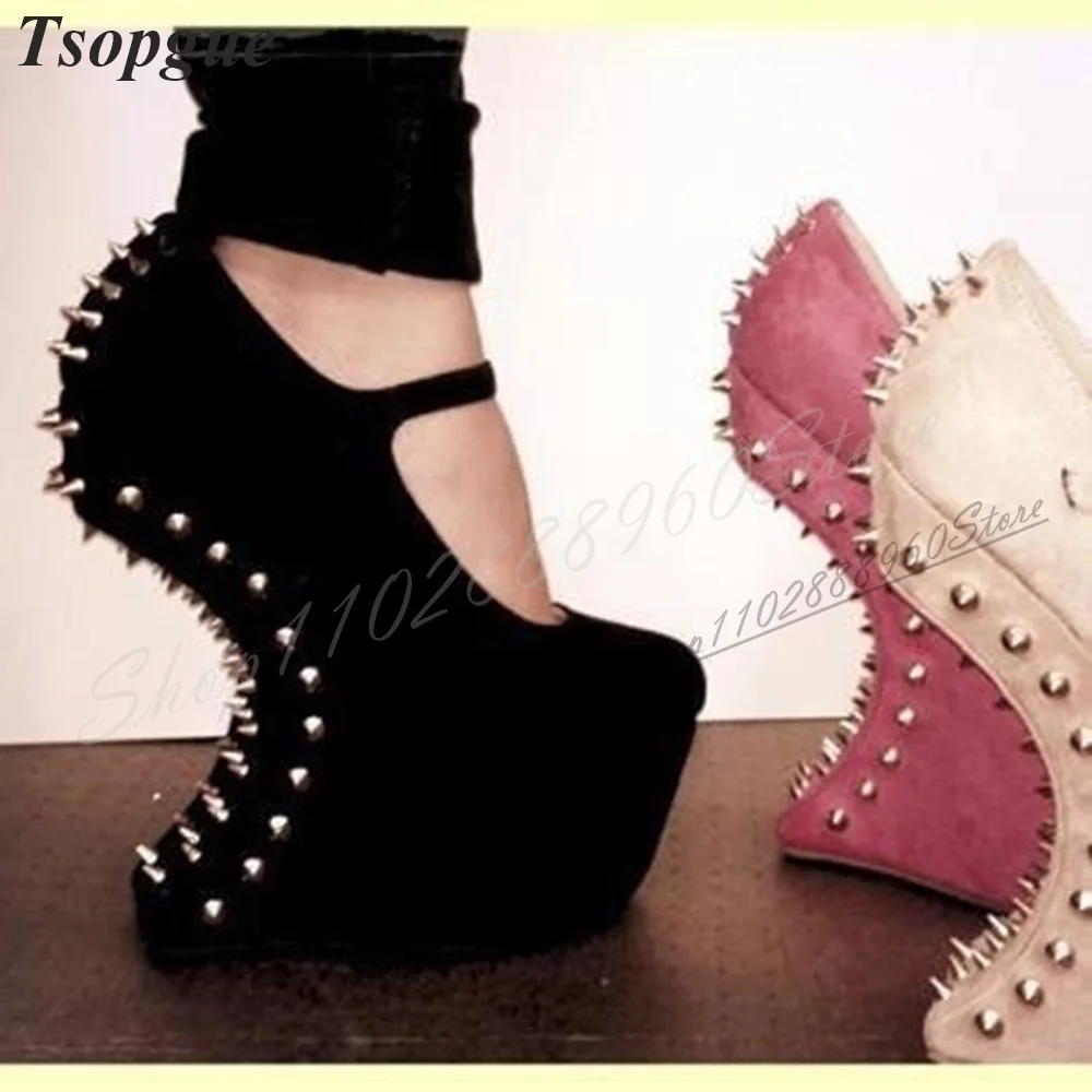 

Black Flock Rivet Decor Platform Pumps Strange Style Heel Women Shoes Buckle Strap Pointed Toe 2024 Fashion Zapatos Para Mujere