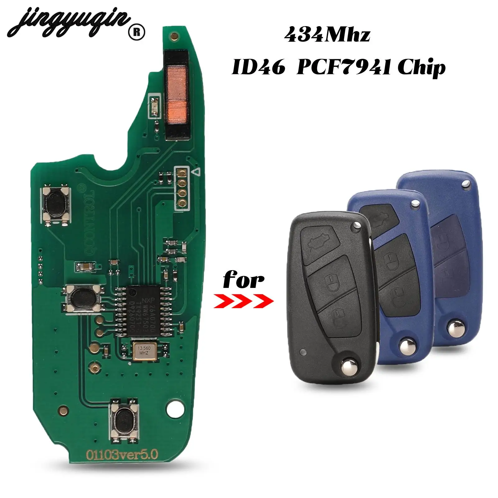 jingyuqin 3 Buttons 434Mhz Remote Car Key Circuit Board ID46 PCF7941 Chip Fob for Fiat Panda 2007 2012 Replacement