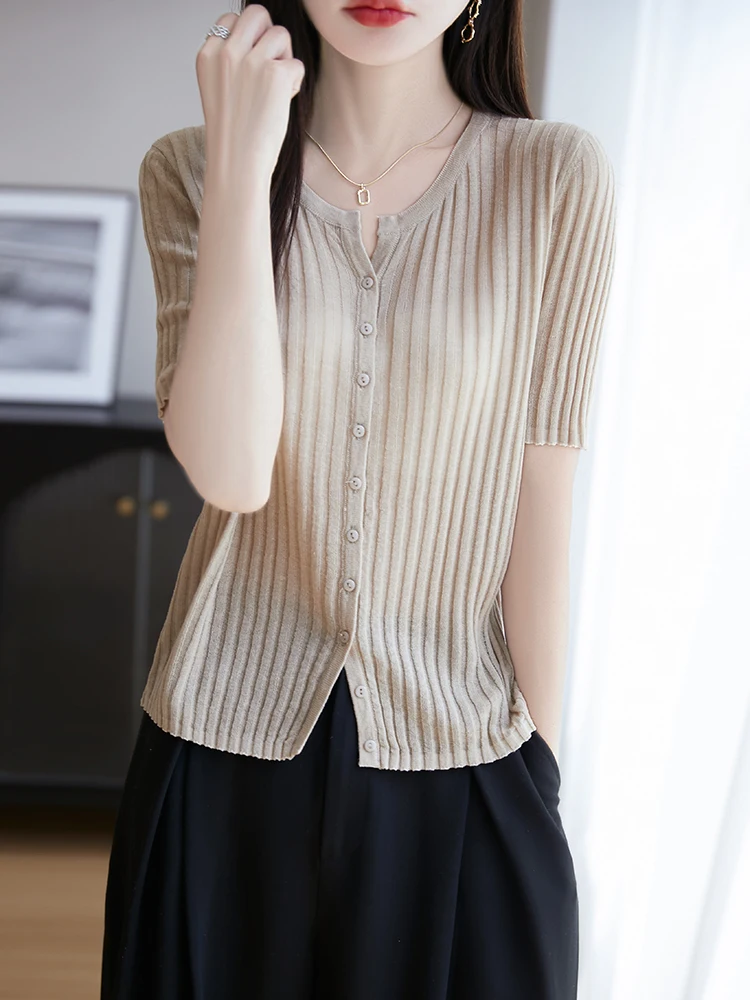 

Elegant French Retro Knit Top Short Sleeve Cardigan Knitwear Women Lyocell Linen Ribbed Tee Button-Front Jumper Slim Fit Summer