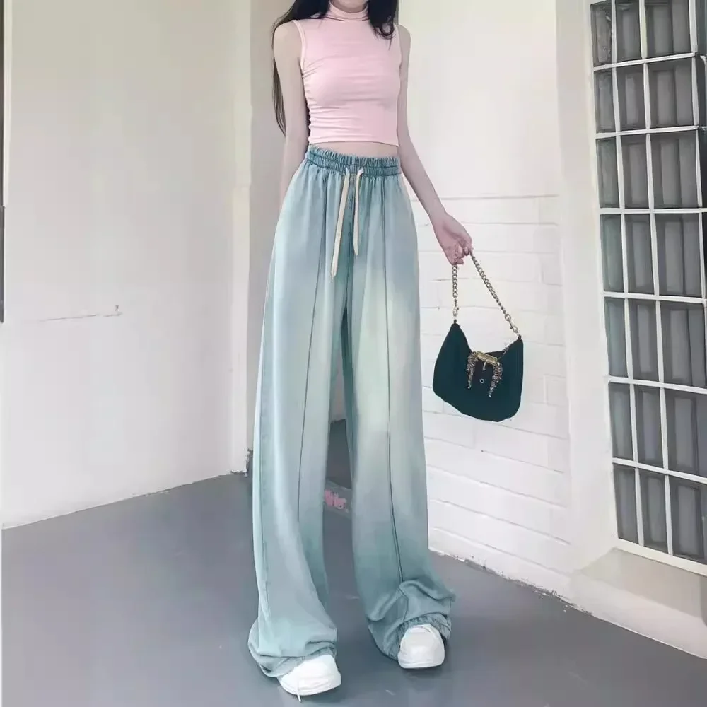 Elastic waist Tencel wide-leg jeans women's loose drape and thin summer thin high-waisted straight ice silk floor pants