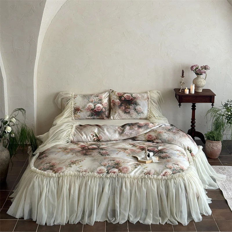 

Vintage Rose Flowers Prints Three-sided Large Lace Ruffles 1000TC Egyptian Cotton Bedding Set Duvet Cover Bed Sheet Pillowcases
