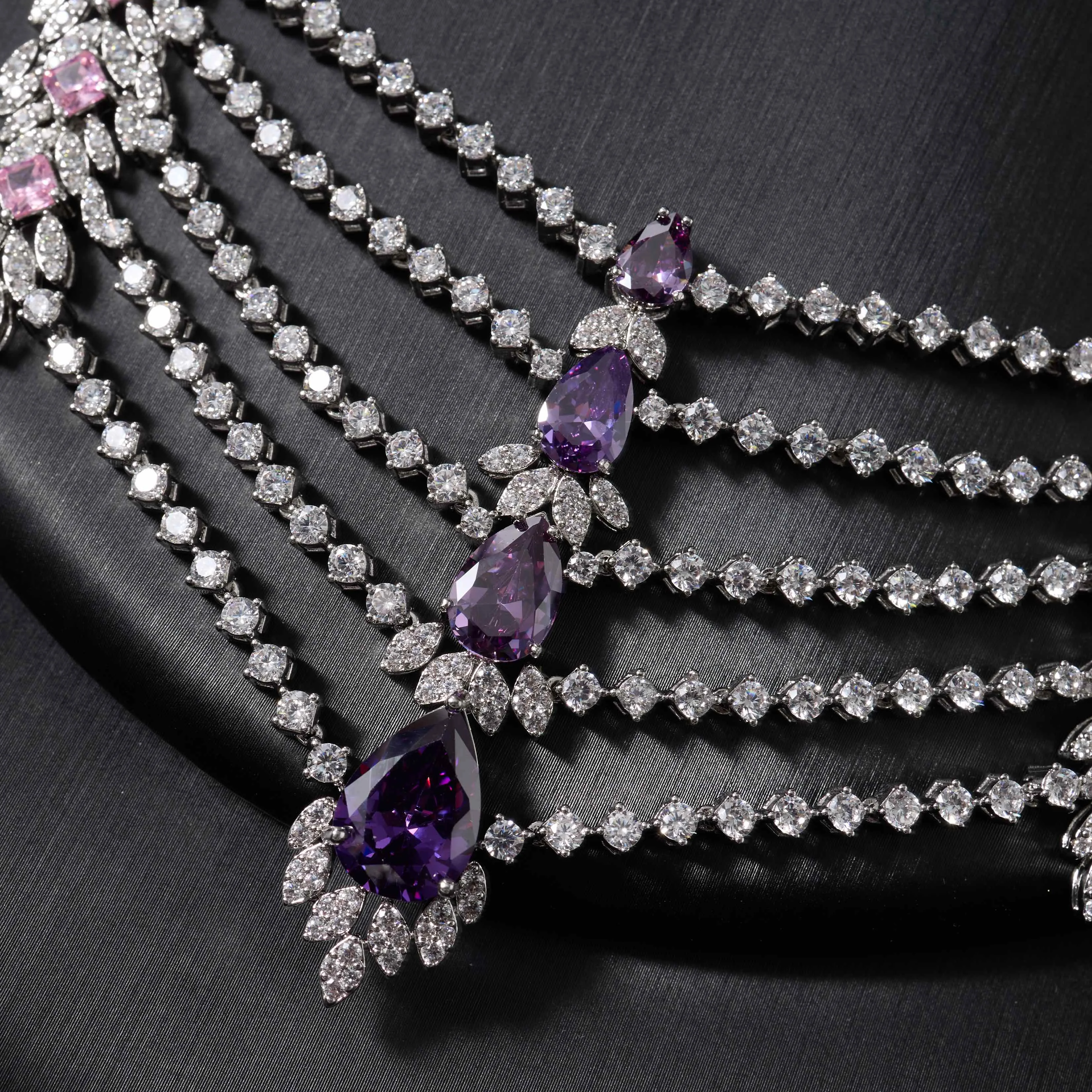 IN JEWELIFE Luxury Multi Layer Water Drop Cubic Zirconia Jewelry Set 4Pcs Bridal Necklace Earrings Ring Bracelet Silver Plated W