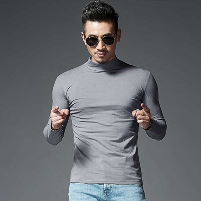 Casual Mens Thermal Underwear Slim Turtleneck Tops Long Sleeve Solid Color Basic Tops T-shirt Undershirts Pullover Men Clothing