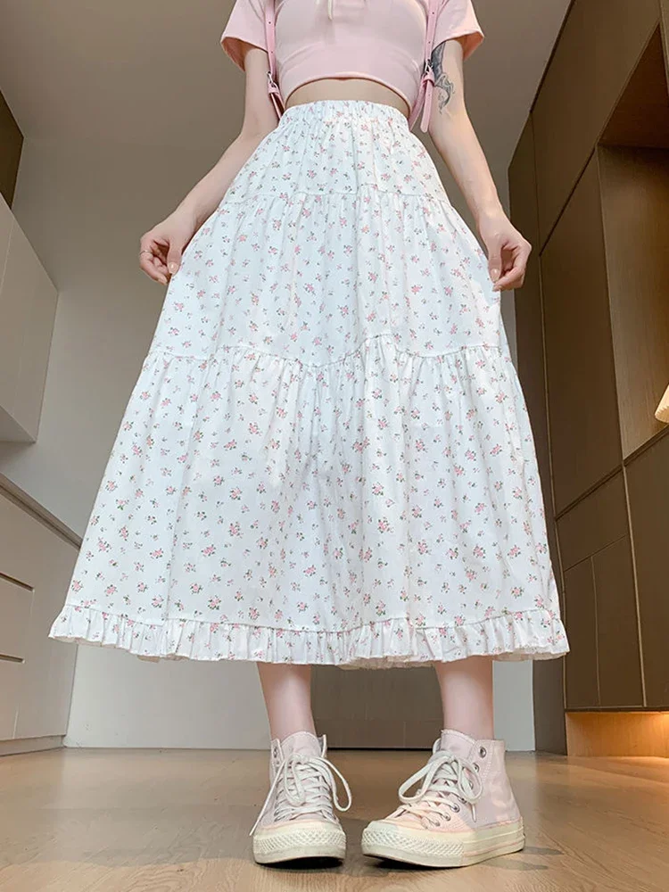 

Floral Ruffles Sweet Long Skirts Women Vintage Elegant High Waist French Skirt Casual Loose Preppy Style Retro Lady Skirt