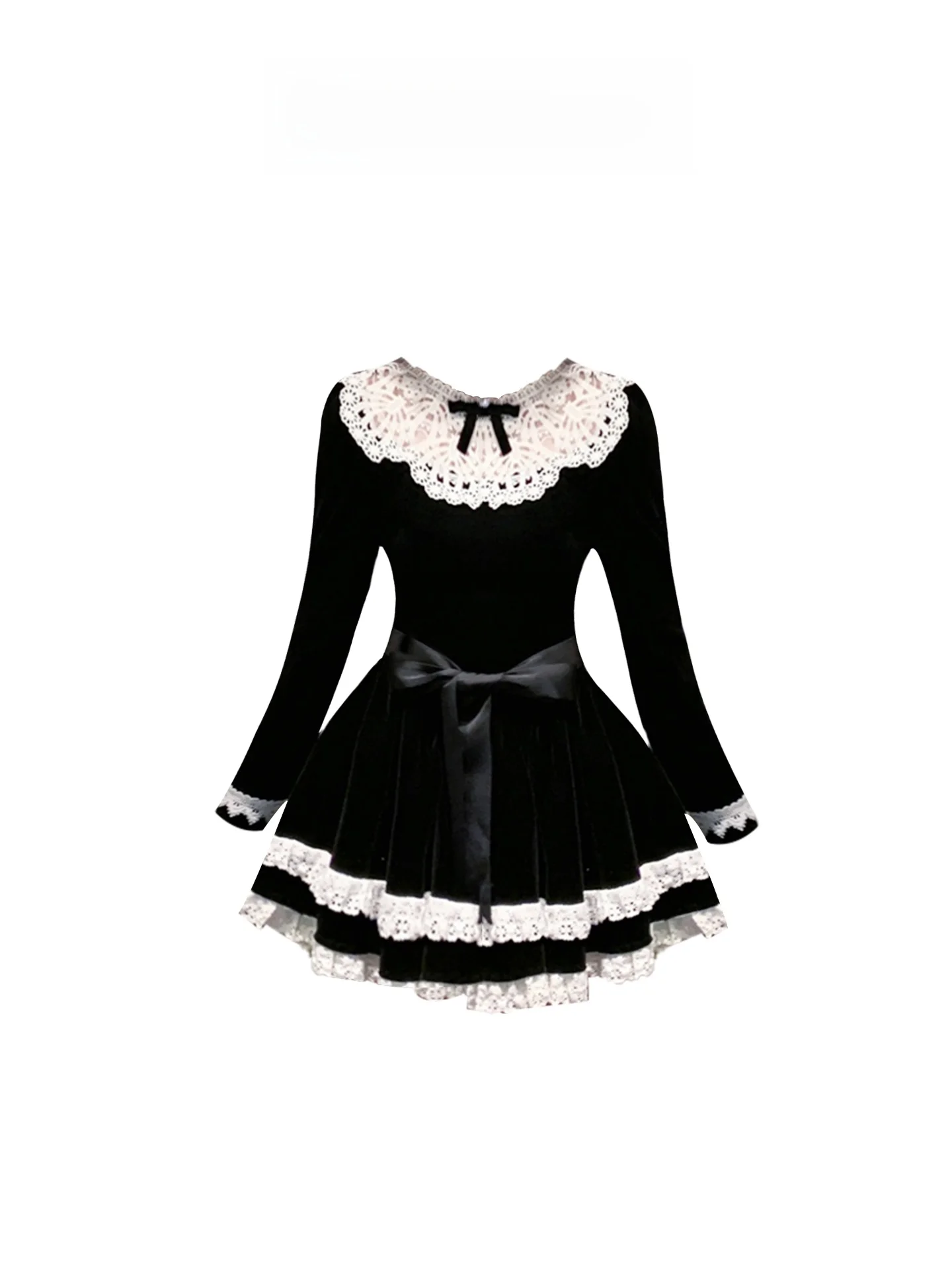 

HEZA Sweet French Sle Lace Doll Collar Puffy Skirt Dr Women's Autumn Winter Slimming Waist A-Line Long Sve Dr