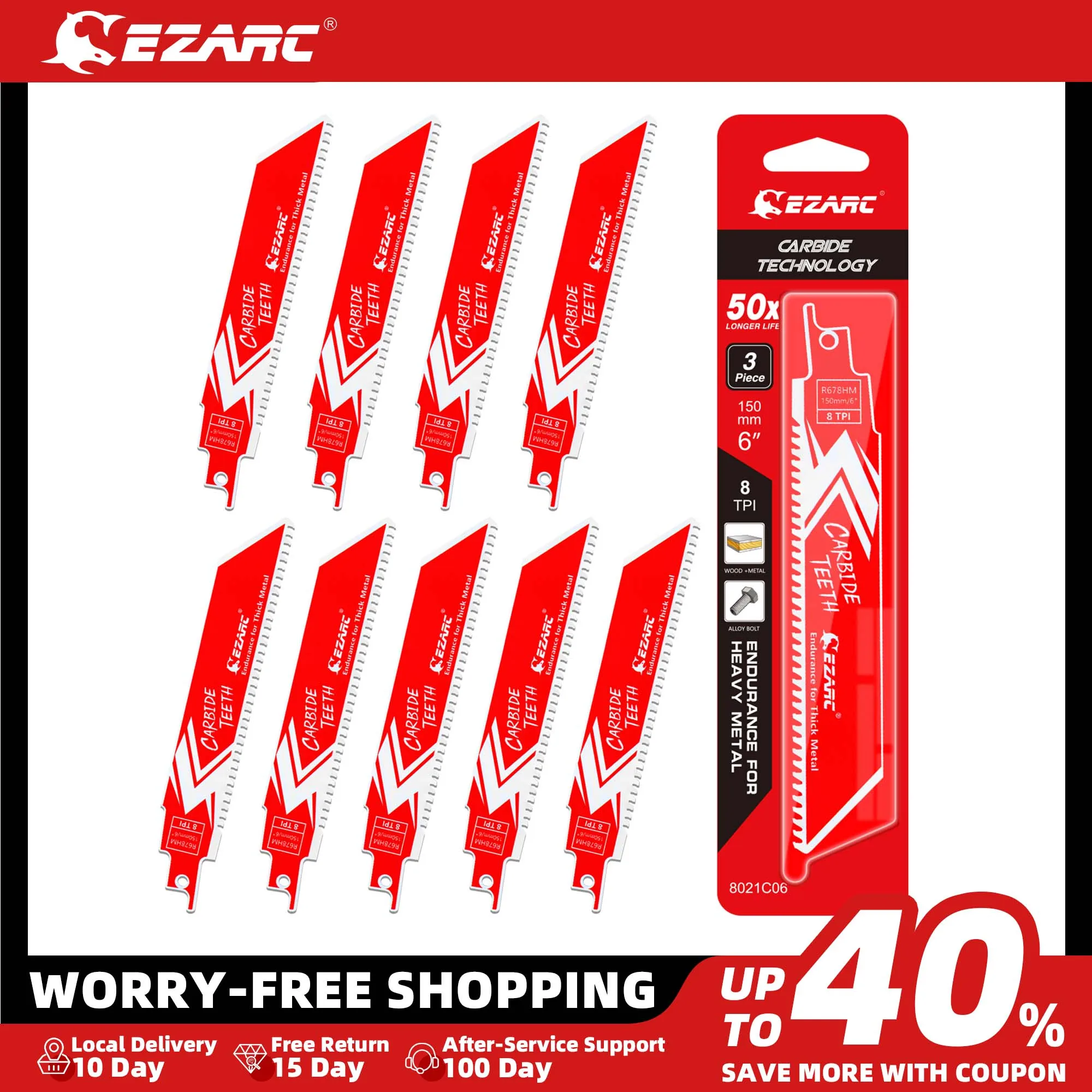 

EZARC 3/6/9Pcs 150mm(6-Inch) Carbide Reciprocating Saw Blade R678HM Endurance for Thick Metal, Cast Iron, Alloy Steel, 8TPI