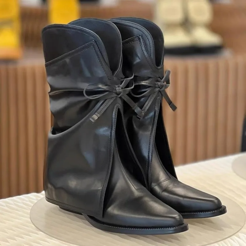 2024 Autumn/Winter New Pointed Bowknot Western Cowboy Boots European American Women\'s Slipsole Chelsea Mid-calf Skirt Boots