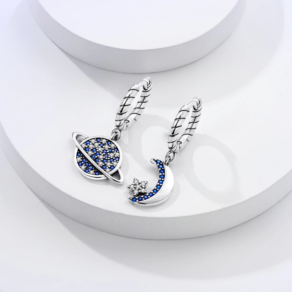 Original 925 Sterling Silver Blue Planet Moon Earrings For Women Cute Space Dangle Earrings Bohemian Trendy Jewelry Gift