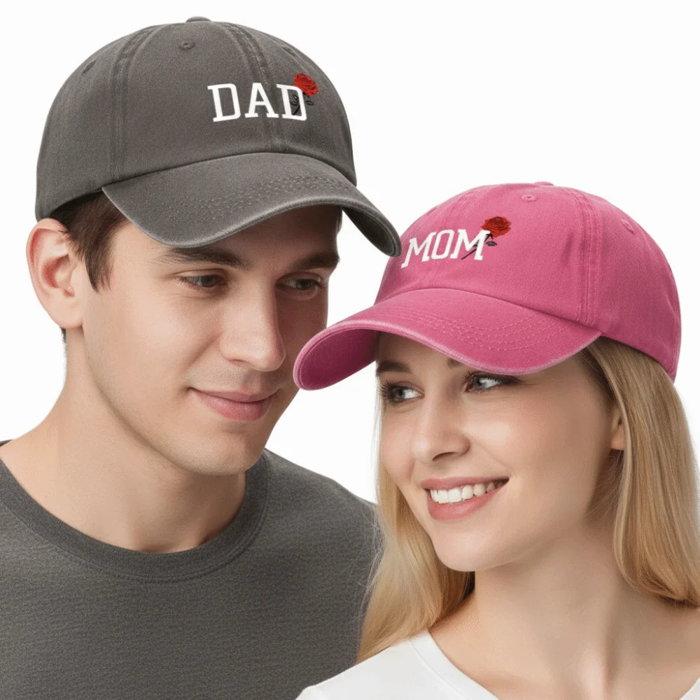 2Pcs/Set Fashion Washed Cotton Mom Dad Rose Printed Cap Adjustable Classic Couple Cap Baseball Hats For Man Women