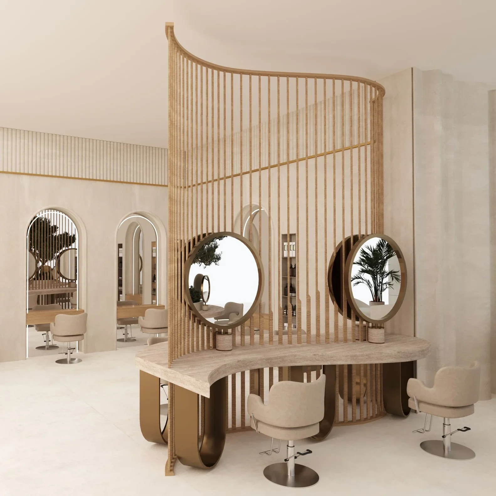 shop interior display furniture design baber workstand with fully wrapped mirror wooden screen display counter
