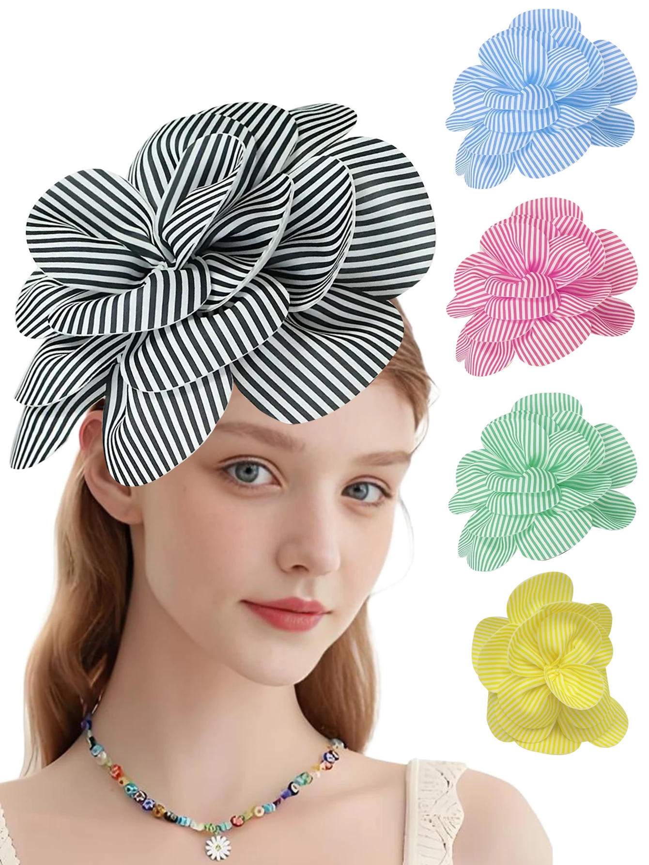 New Design Stripe Rose Flower Headpiece Fascinator Hat Women Wedding Tea Party Hair Accessories, Kentucky Derby Bridal Headband