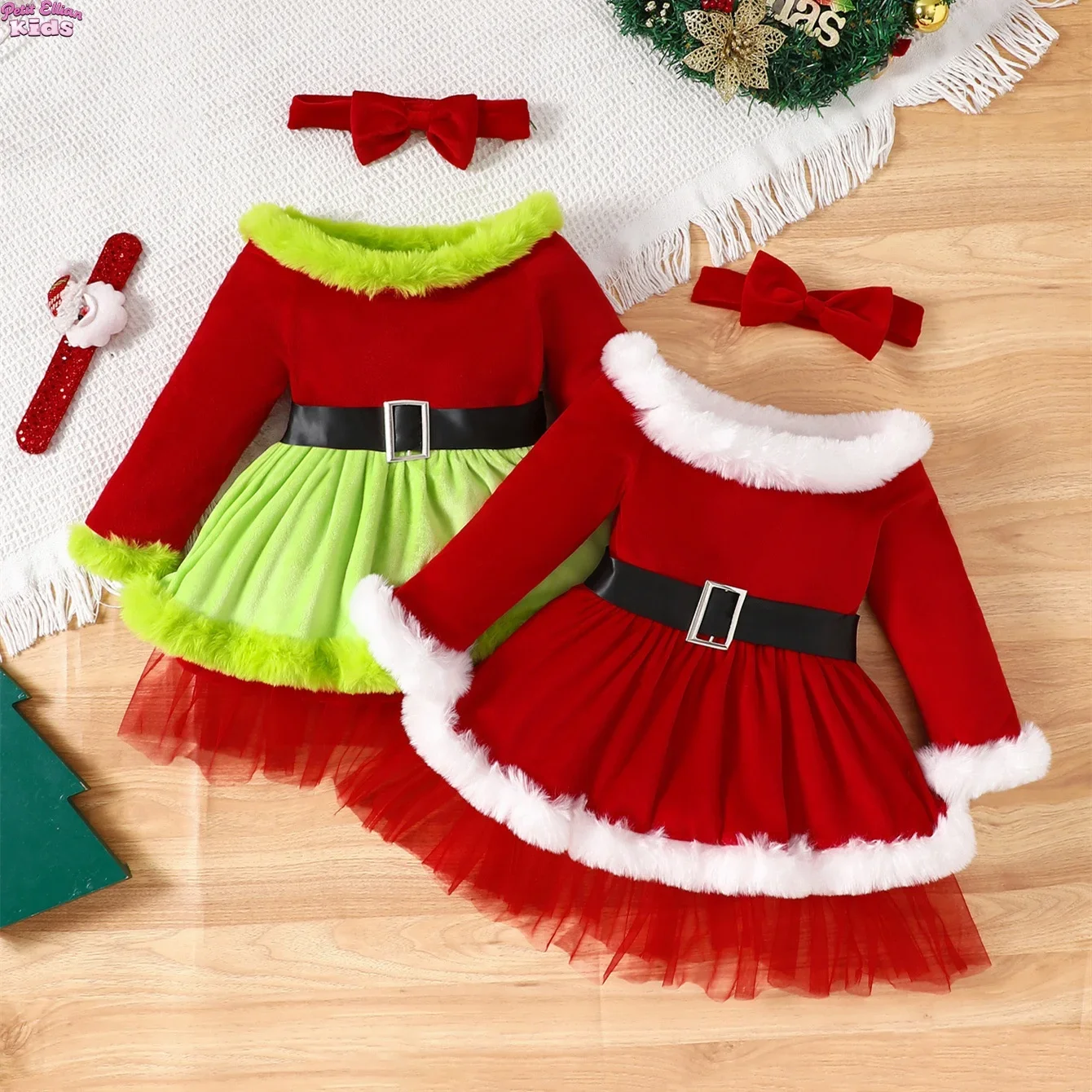 

2025 Christmas Kid Girl Dress 1-5Y Toddler Santa Claus Off Shoulder Tulle Tutu Girls Party Dress Kids Xmas Costume with Headband