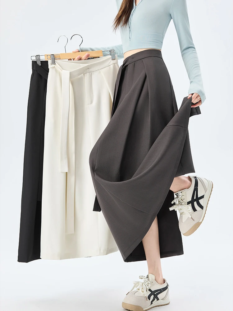 

Элегантная юбка миди для женщин, с завышенной талией, на завязках, для офиса, однотонная, простая, свободная, в корейском стиле, прямая юбка