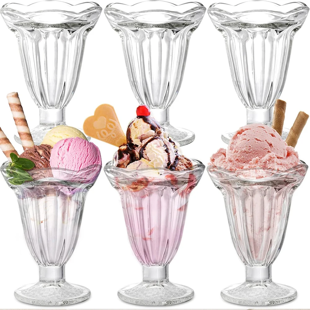 Tulpen-Eisbecher aus Glas, 200 ml, klare Milchshakes-Eisbecher mit Fuß, Dessertschalen-Set für Sorbet-Trifle, Obst, Salat