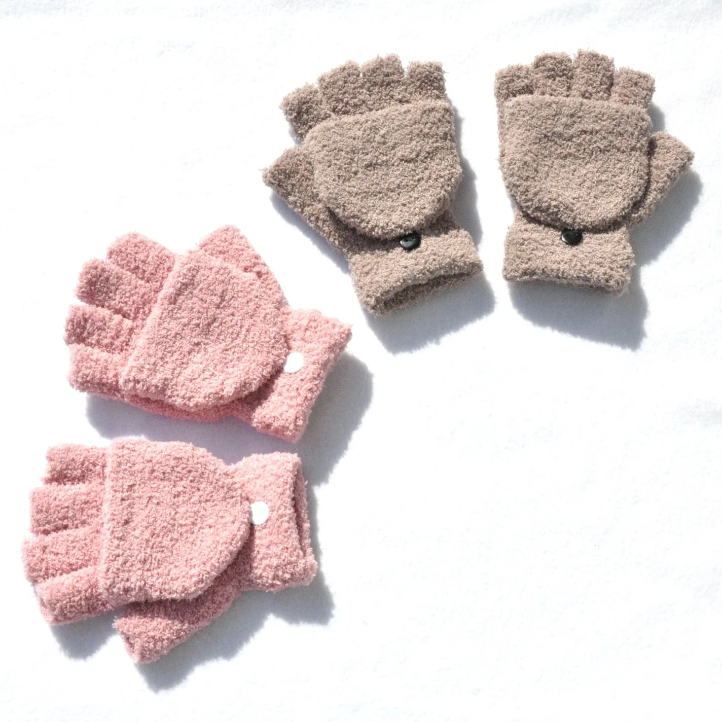 Coral velo flip cover metade dedo luvas de inverno das mulheres dos homens sólidos mais quentes luvas macias feminino senhora menina ciclismo luvas novo