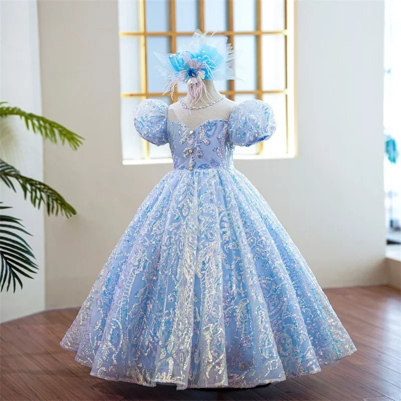 

Elegant Children Birthday Party Dresses Sequined O-neck Puff Sleeve Flower Girls Dress 2024 Princess Ball Gown Long Vestidos