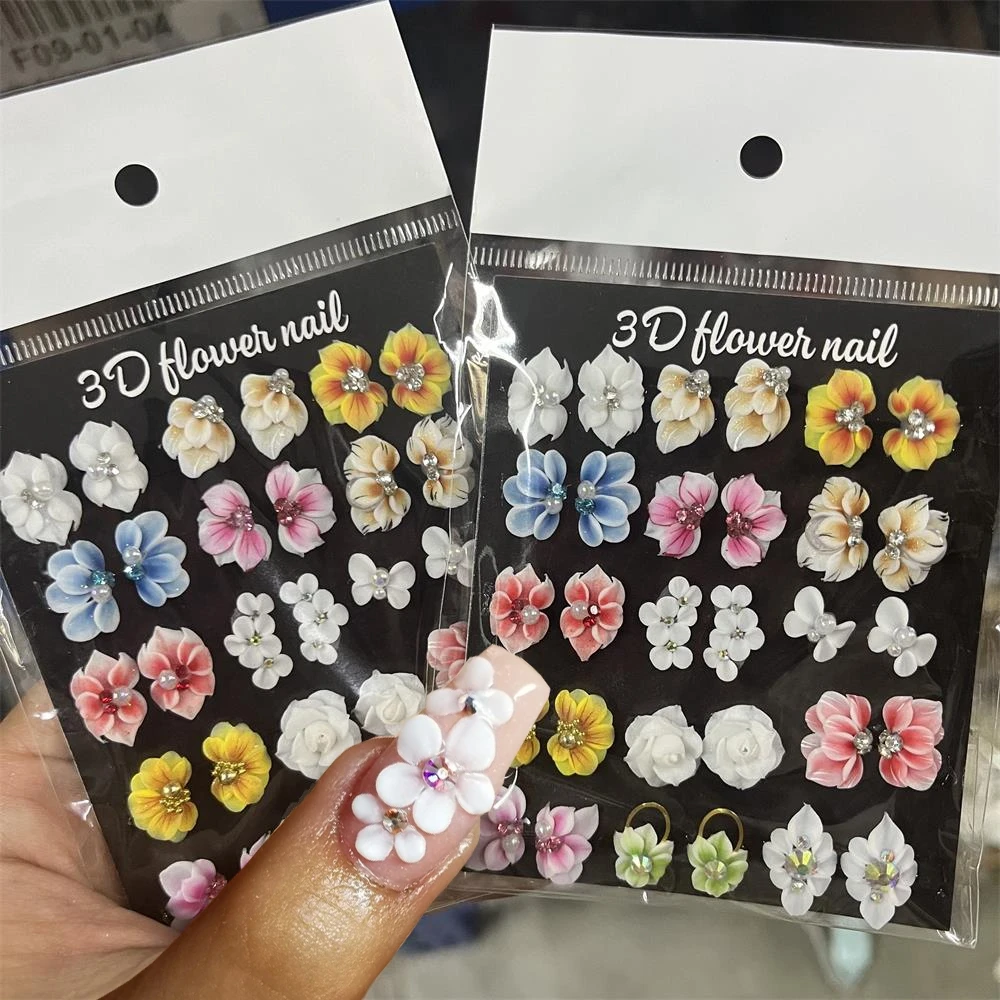 30/10pcs Simulation Carved Floret Nail Charms Handmade Acrylic Flower Nail Decor AB Diamond Vivid Butterfly Flower Nail Ornament