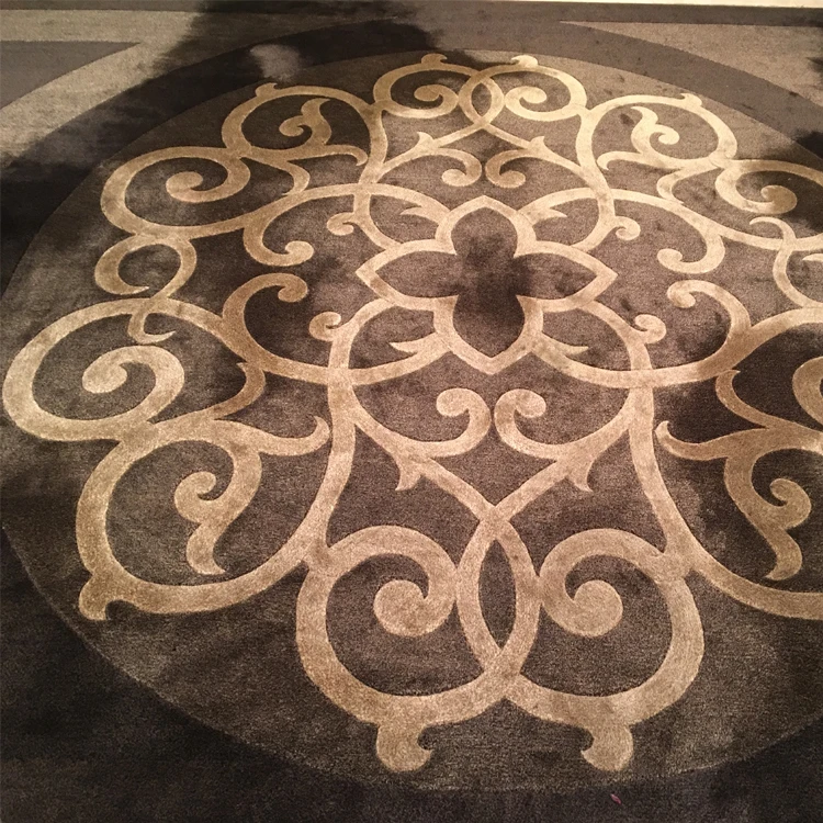 Flower pattern design round shape grey color wall in wall wool carpet rug for hotel home decoration