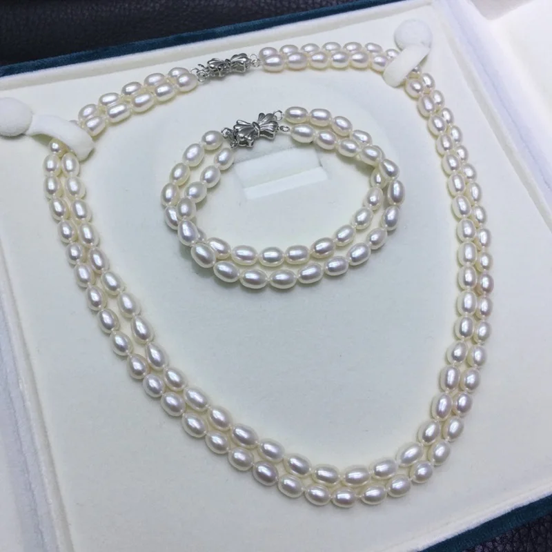 Excellent Real Natural Mini 5-6mm Seawater White Pearl Necklace 17-19in Bracelet 7.5-8in Handmade Butterfly Clasp