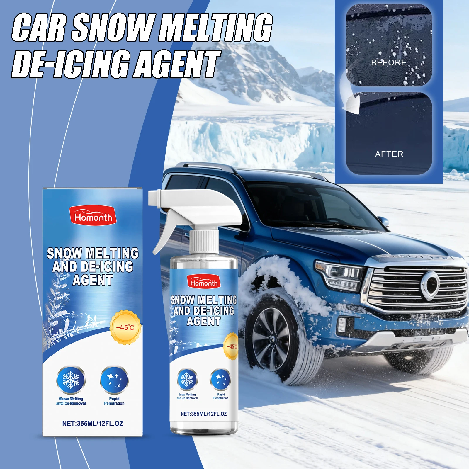 車の融雪除氷剤冬の自動車フロントガラス除氷剤霜を素早く溶かす車の不凍液防霜ツール-355-ミリリットル