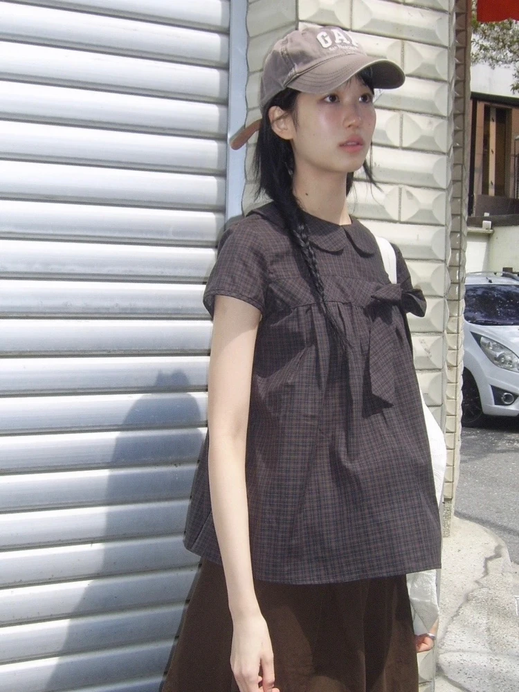 Korean Sle Doll Collar irt  Knot Girl's Feel Vintage Plaid ort Sve Button up Top Women's Faion Commute