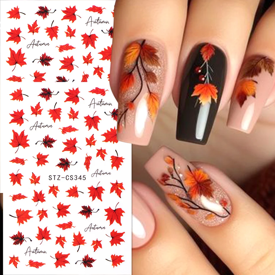 2pcs 3D Maple Leaf Nail Art Stickers Cartoon Red Leaf Fall Tree Leaves Autumn Brown Nail DIY Manicure Decoration Tips
