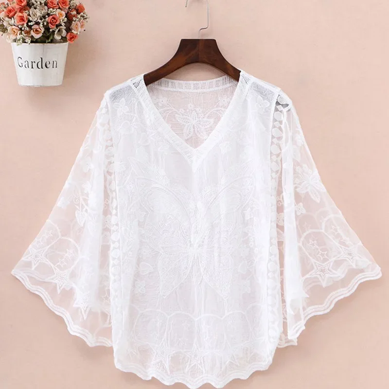 2024 Flare Sleeve Embroidery Lace White Blouse Woman Summer Elegant Women Shirt Casual O-neck Tops Blusas Female Clothing 25897