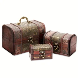 3 pieces/set of vintage wooden treasure chest, storage box, vintage style jewelry box, home decoration, Christmas gift