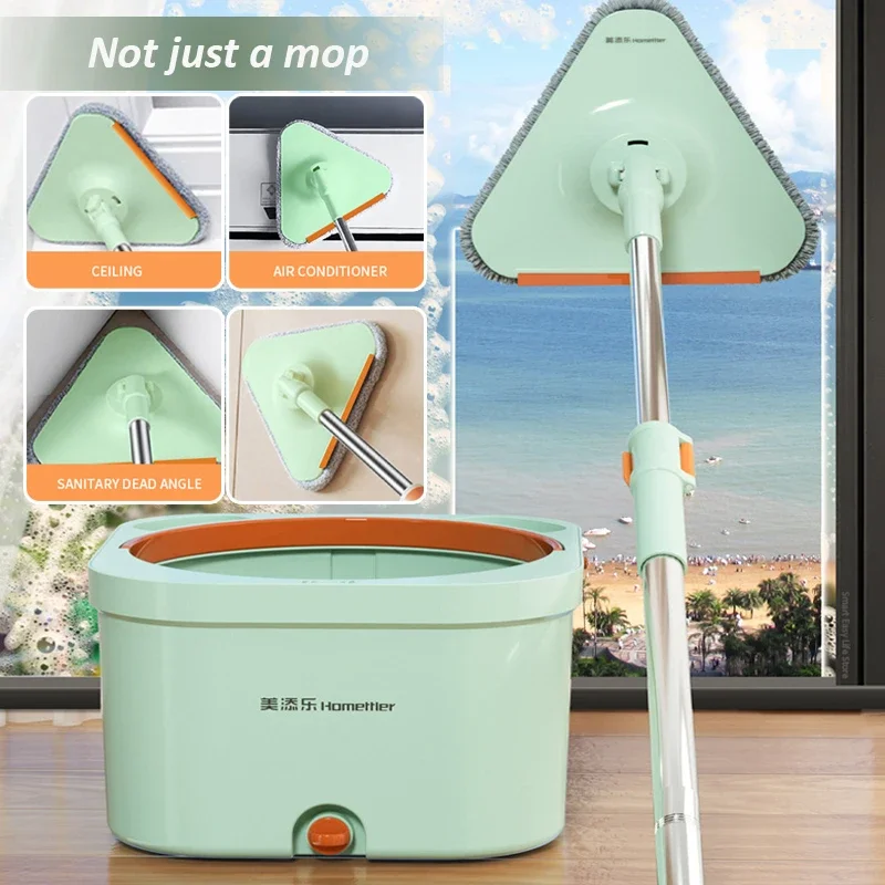 Microfiber Mop with Spin Bucket Set Automatic Water Separation Floor Washing Mops Rotating Triangular Mop 360 Window Wiper Tools