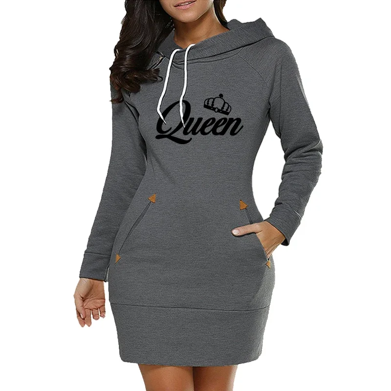 Queen Womens Dress Printing Fashion Knee-Length Hooded Frock Side Zip Neckline Sports 2024 Autumn Warm Fleece Daily Casual Skirt