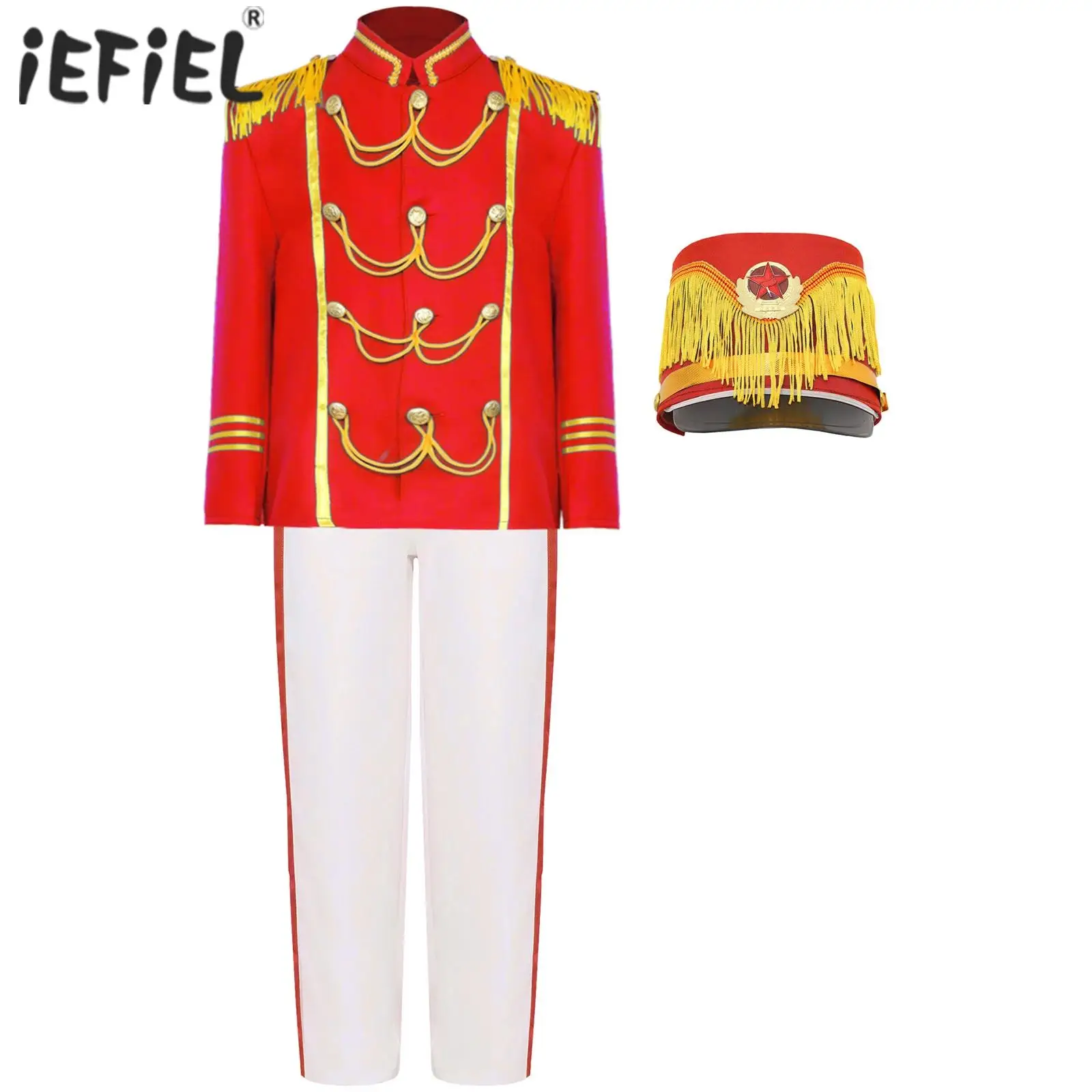 Boys Drum Trumpet Team Costume Major Costume Top with Pants Cap Set Kids Honor Guard Uniform Marching Band Performance Outfits