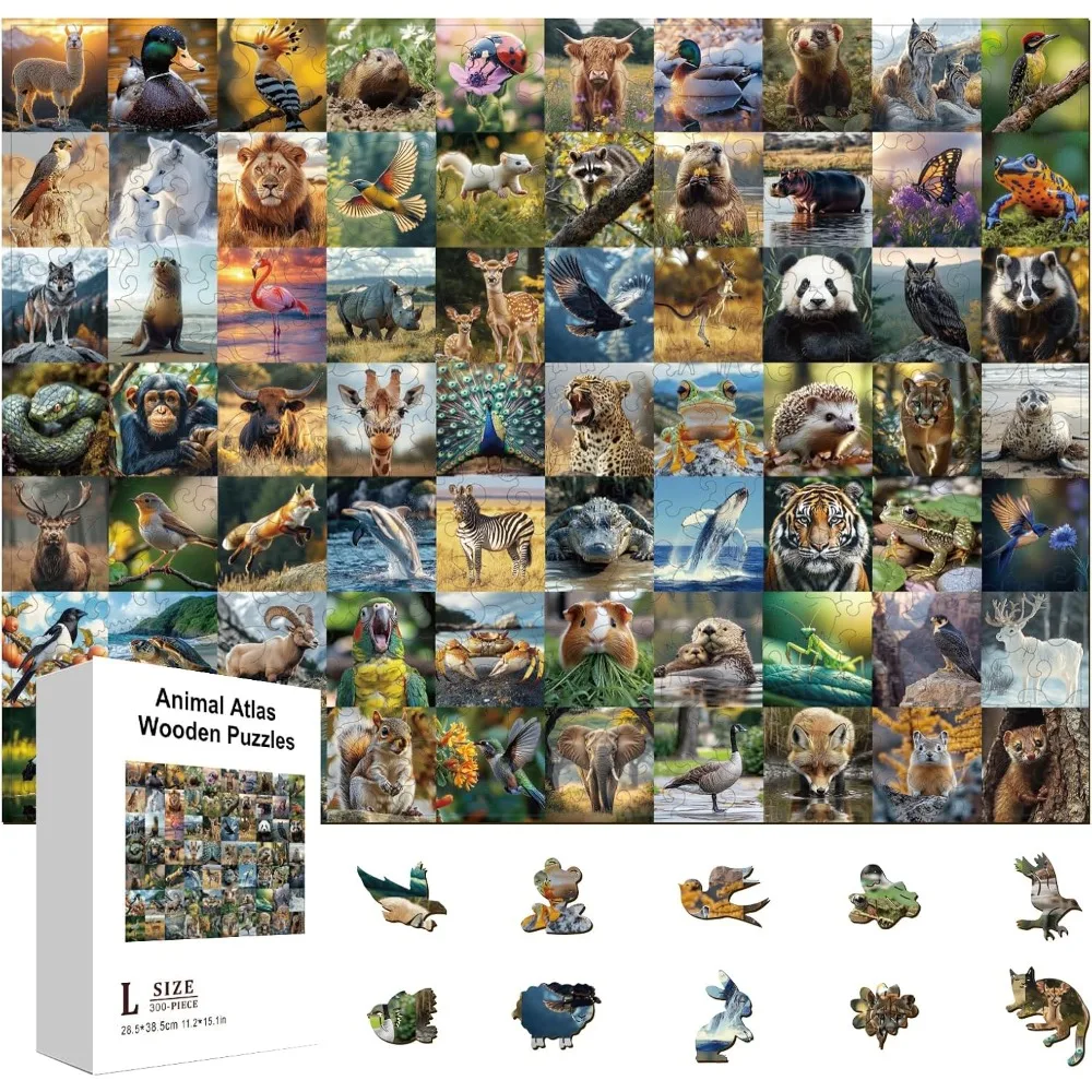 300 Stück 70 Tier-Atlas-Holzpuzzles für Erwachsene, 30 x 15 cm, bunte Wildtiere, Holzpuzzles für Feiertage, Geburtstag