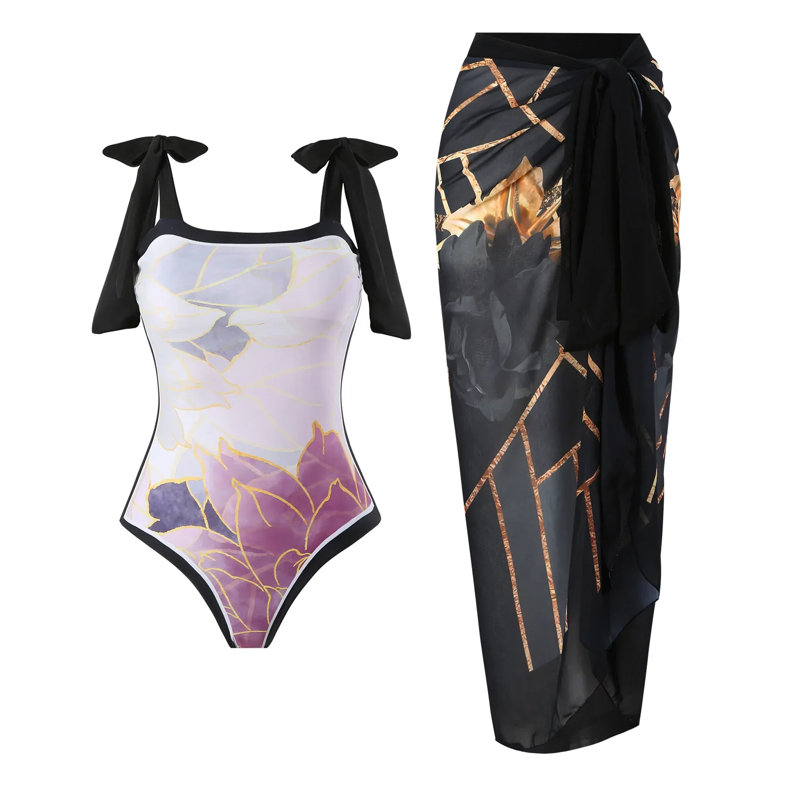 

Vintage Print One Piece Swimwear Women's Beach Cover up Wrap Skirt Tummy Control Monokini Two-Piece Style