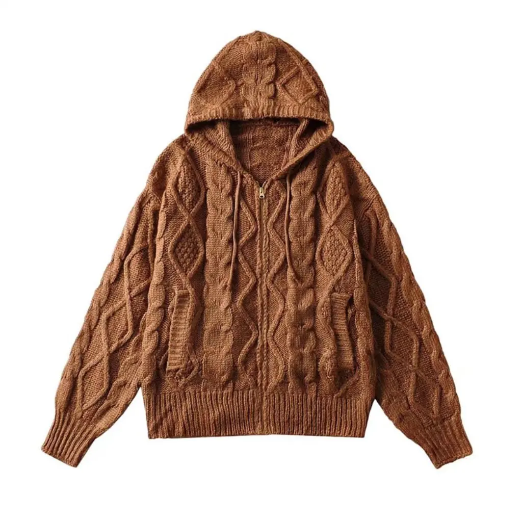 

Женский свободный свитер средней длины с капюшоном на молнии в стиле ретро, осенне-зимний пуловер, пальто