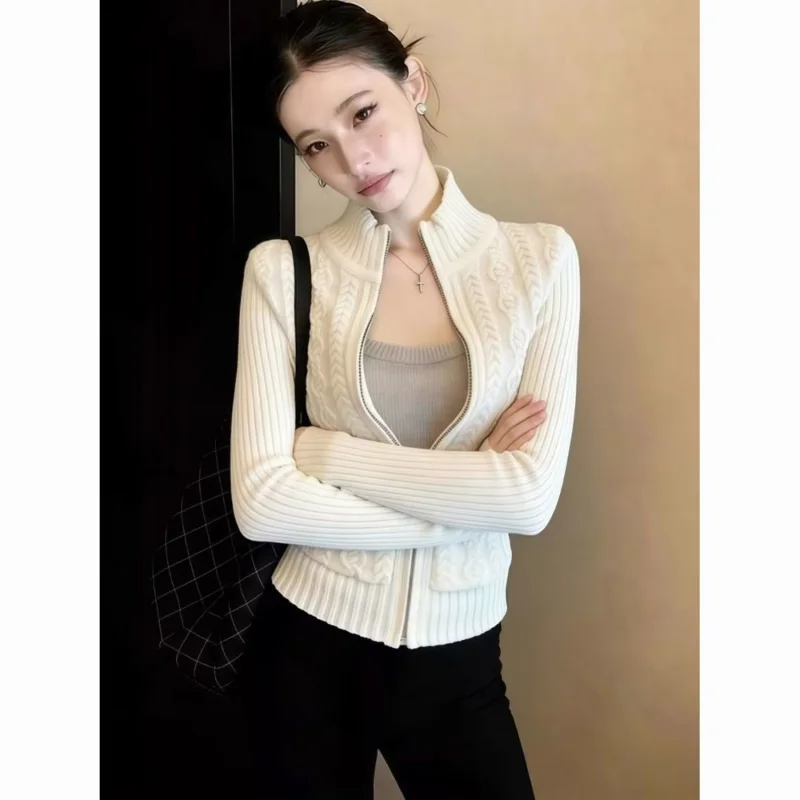 2026 New Retro Y2k Zip Up Cardigan Women Stand Collar Slim Fit Knitted Sweater Vintage Korean Chic Streetwear