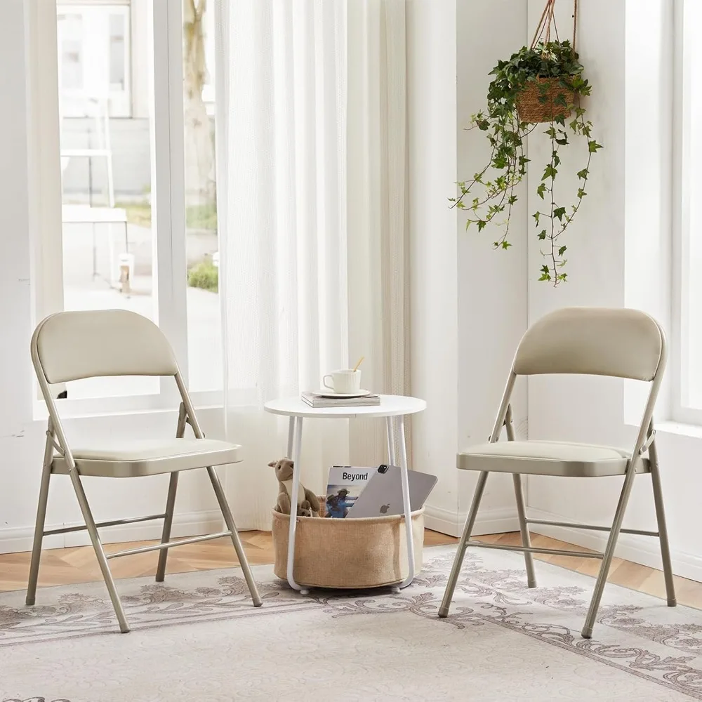 2 Pack Leather Padded Folding Chairs, Portable Stackable Seats with Steel Frame for Home, Office, Parties, Comfortable, Khaki