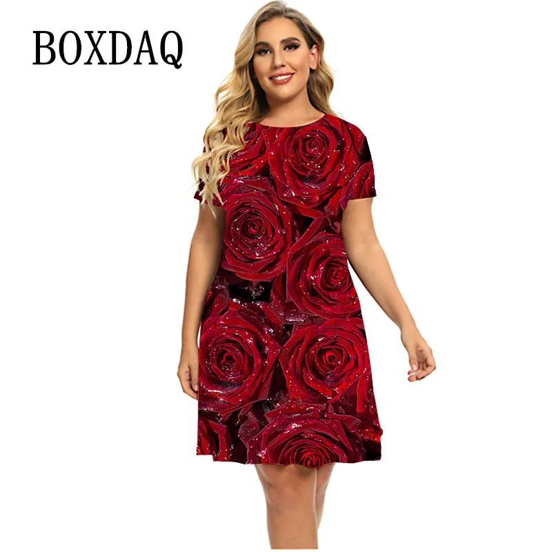 Rose Flower Print Dresses Summer For Woman Mini Loose Dress Casual Short Sleeve O-Neck A-Line Dress Plus Size Women Clothing 6XL