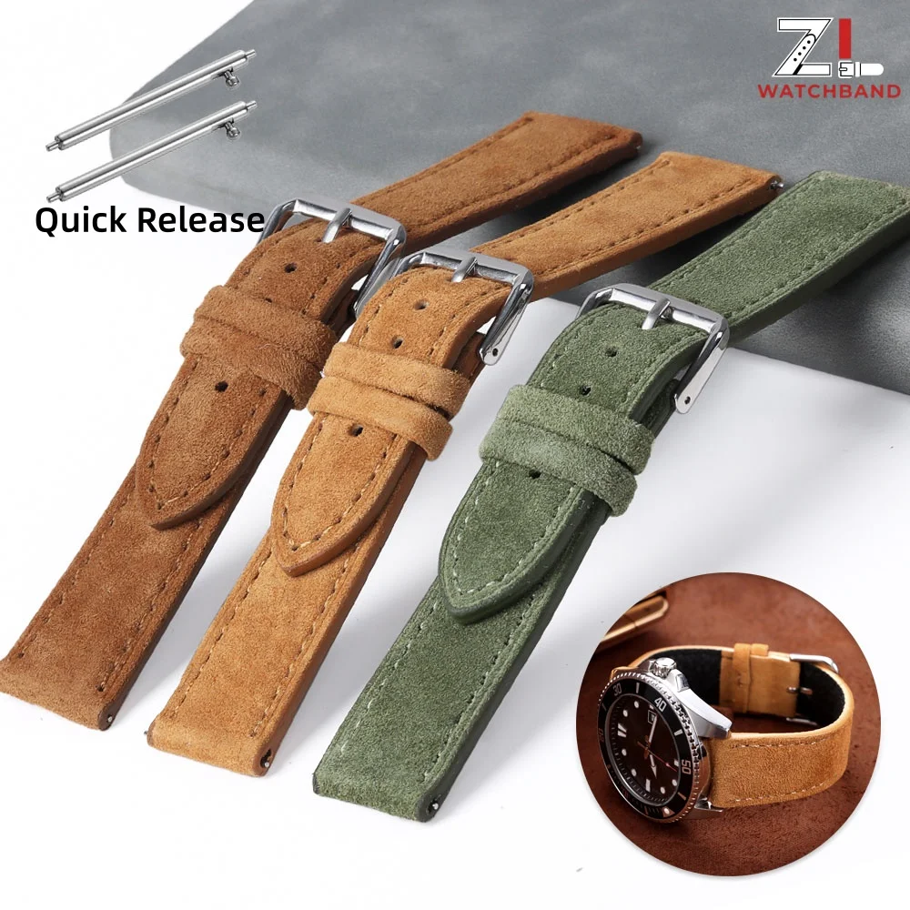 Bracelet de montre en cuir suédé, 18mm, 19mm, 20mm, 22mm, 24mm, pour Seiko, pour Huawei Watch Gt2/3/4, Bracelet Vintage à couture faite à la main