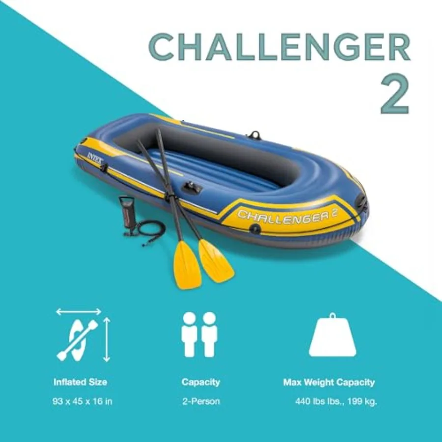 Challenger 2 inflatable boat set for recreational water use PVC material gray and blue includes deluxe 48in oars and high-outpu