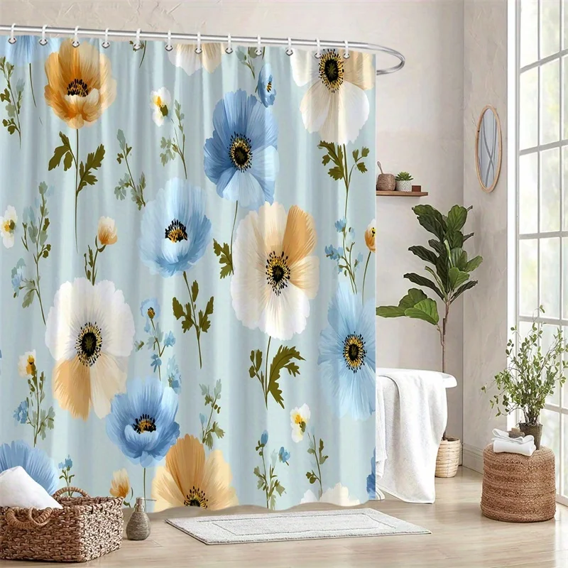 

1 шт. светло-голубая и персиковая занавеска для душа с цветочным рисунком мака — полиэфирная ткань, можно стирать в машине, подходит для украшения ванной комнаты