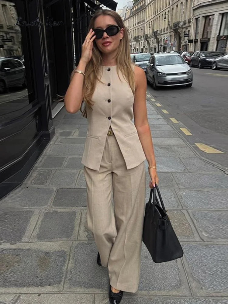

2024 Summer Casual Vest Two Piece Set Women Sexy Single Breasted Top High Waist Wide leg Pant Female Suit Cotton Linen Lady Sets