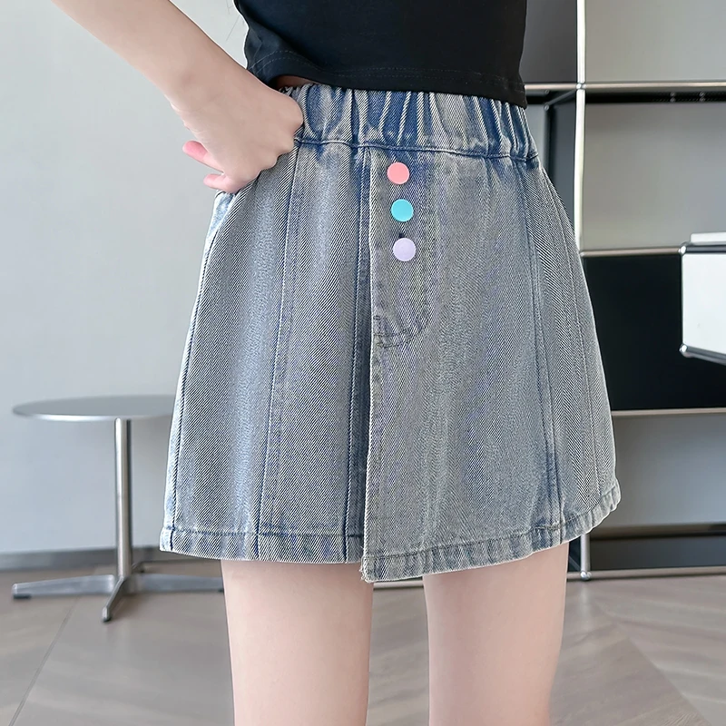 Kids Child New Summer Denim Shorts Under the Skirt With Color Buttons for Teenage Girls Y2K Skirt with Protective Shorts Inside
