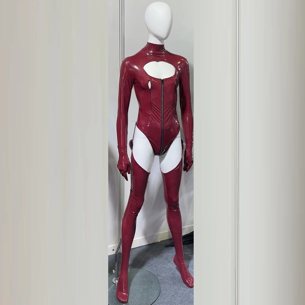 

3 шт./компл., комбинезоны для косплея, комплект одежды, блестящее боди из искусственной кожи с застежкой-молнией, бюстом, открытая промежность, сексуальные чулки Тедди, колготки